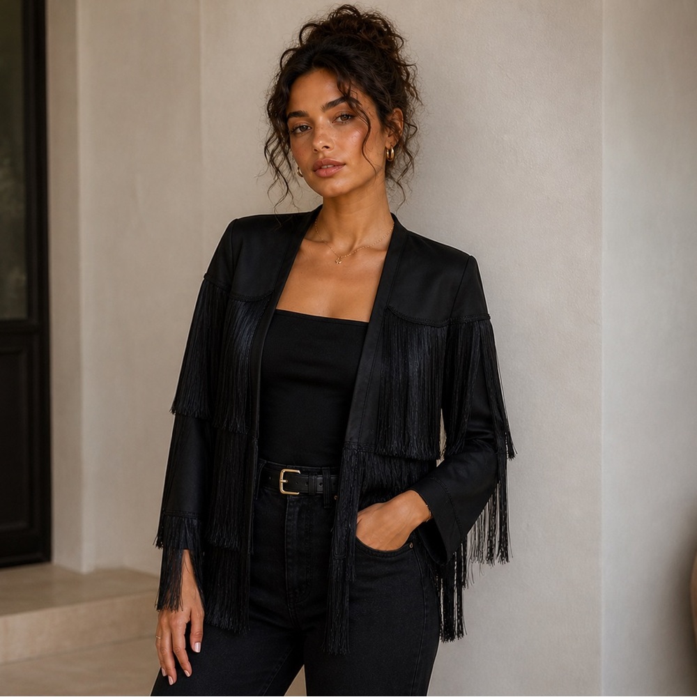 Lucy Paris Black Fringe Statement Jacket | Tiered Tassel Cropped Open Front